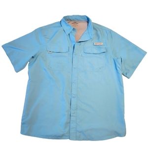 Realtree fishing aqua blue men's size large short sleeve button-down shirt UPF40